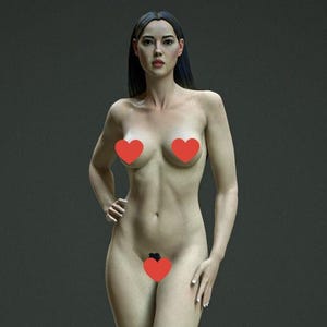 Puede incluir: Una figura desnuda de una persona con cabello largo y oscuro y piel clara, sobre un fondo gris. Formas de corazón rojo cubren los pezones y el área púbica. La persona posa con una mano en la cadera.