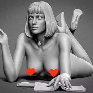 May include: A monochrome sculpture of a woman with short, light-coloured hair, wearing a pendant necklace, and high heels. She is reclining, holding a cigarette and a book. A small object resembling a gun is also present.