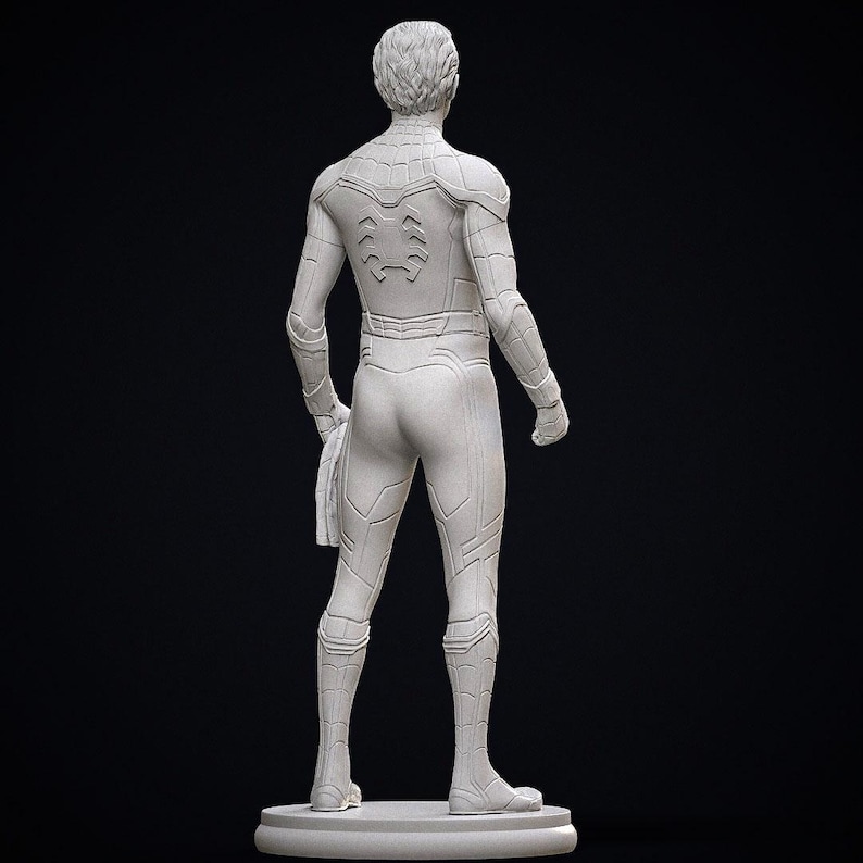 May include: A white statue of a superhero figure, viewed from the back. The figure is wearing a form-fitting suit with detailed paneling and a spider emblem on the back. The statue is on a circular base against a black background.