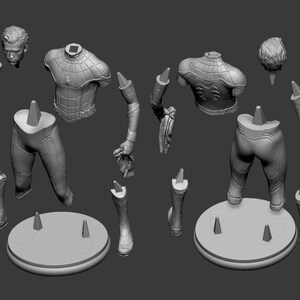 May include: A disassembled gray 3D-printed model of a superhero figure, featuring separate components like the head, torso, arms, legs, and boots. The pieces are arranged around two circular bases with supporting pegs, ready for assembly.