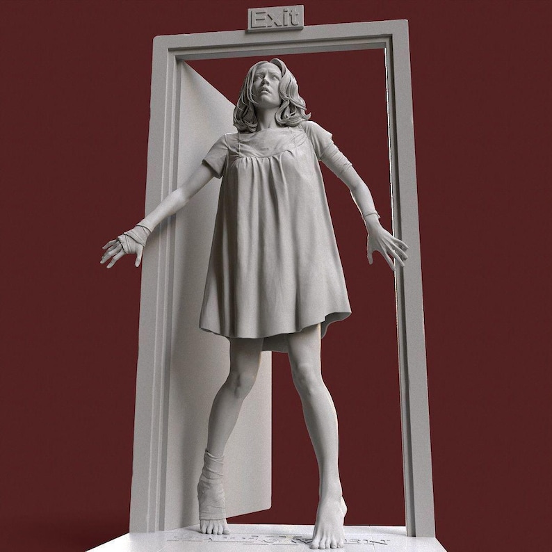May include: A grayscale sculpture of a person standing in a doorway, arms outstretched. The person wears a short-sleeved dress and has wrapped bandages on their wrists and ankles. The word "EXIT" is above the doorway.