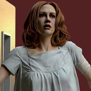 May include: A detailed statue of a woman with a distressed expression, wearing a light blue dress and a bandage on her arm. Her auburn hair is styled in loose waves. The background is a deep red with a gold-colored door frame.