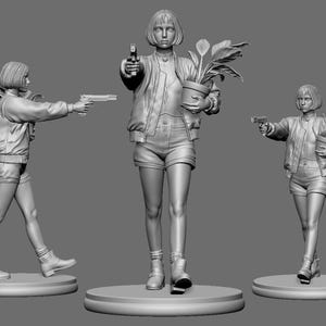 May include: A grayscale 3D-printed figurine set featuring a woman in a bomber jacket and shorts, holding a handgun. One figure holds a potted plant. The figures stand on circular platforms, with a neutral gray background.