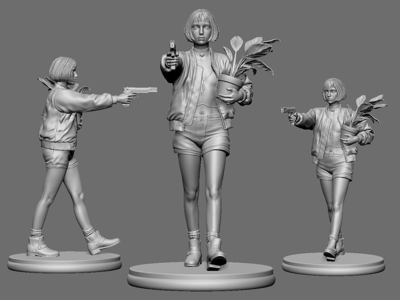 May include: A grayscale 3D-printed figurine set featuring a woman in a bomber jacket and shorts, holding a handgun. One figure holds a potted plant. The figures stand on circular platforms, with a neutral gray background.