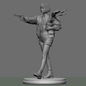 May include: A grayscale sculpture of a person holding a handgun and a potted plant. The figure is wearing a jacket, shorts, and boots. The sculpture is on a round base.
