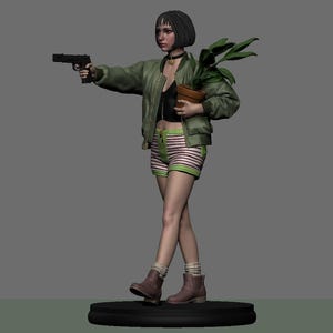 May include: A figurine of a character holding a handgun and a potted plant. The figure wears a green bomber jacket, black top, striped shorts, and brown boots. The figure is standing on a black circular base.