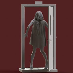 May include: A gray sculpture of a person in a dress standing in a doorway. The person is facing away from the viewer, with arms outstretched. The door is slightly ajar. The sculpture is on a base, with the text "StapanovSculpt" at the bottom.