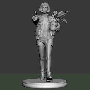 May include: A grayscale sculpture of a person holding a handgun and a potted plant. The figure wears a jacket, shorts, and boots. The sculpture is on a round base.