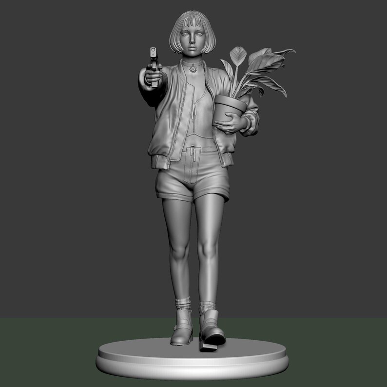 May include: A grayscale sculpture of a person holding a handgun and a potted plant. The figure wears a jacket, shorts, and boots. The sculpture is on a round base.