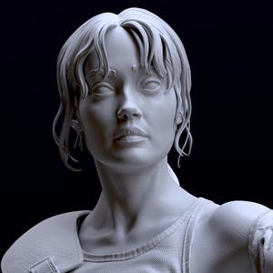 Puede incluir: Renderizado 3D en escala de grises de un busto de mujer, con cabello corto y ondulado y una expresión neutra. La figura lleva una parte superior texturizada y una protección para el hombro. El fondo es negro sólido.