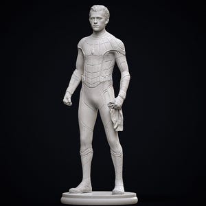 May include: A white statue of a superhero in a form-fitting suit with web-like detailing. The figure is standing on a circular base, holding a mask or cloth in one hand. The background is solid black.