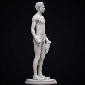 May include: A gray statue of a superhero in a form-fitting suit, holding a mask. The figure stands on a circular base against a black background. The statue is detailed, showing the suit's design and the character's features.