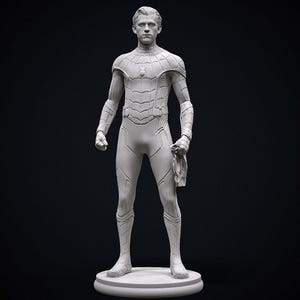 May include: A gray statue of a superhero in a form-fitting suit, standing on a circular base. The figure is in a dynamic pose, holding a cloth in one hand and clenching the other fist. The statue has intricate detailing.