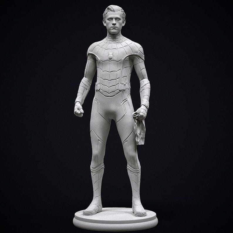 May include: A gray statue of a superhero in a form-fitting suit, standing on a circular base. The figure is in a dynamic pose, holding a cloth in one hand and clenching the other fist. The statue has intricate detailing.
