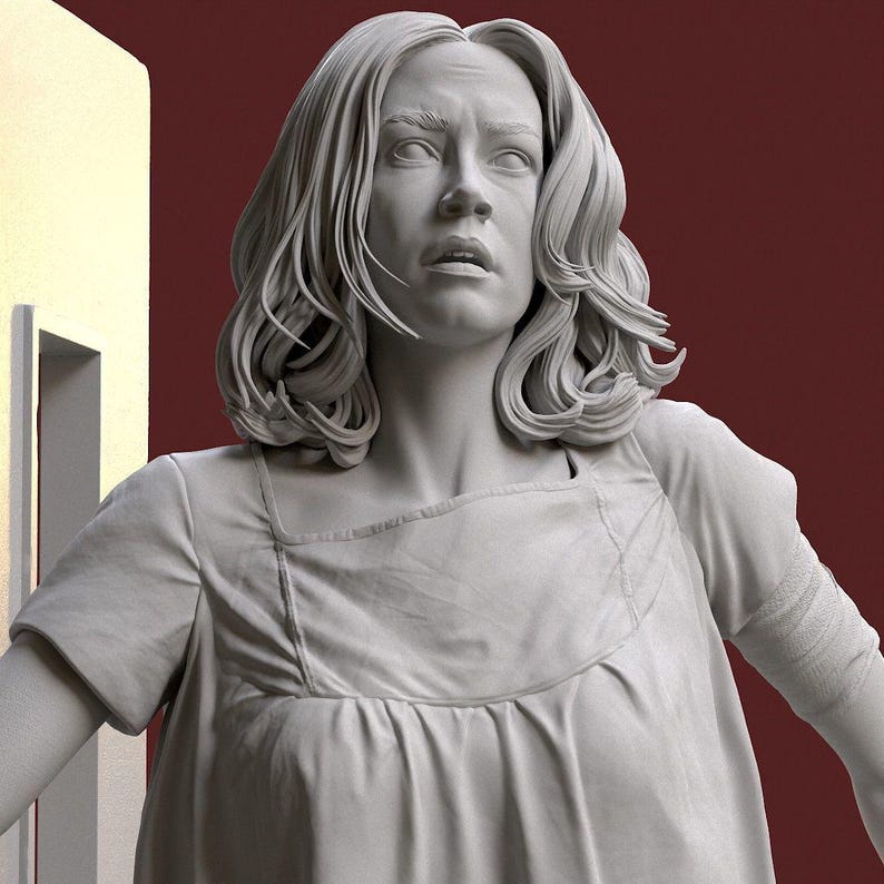 May include: A grayscale sculpture of a woman with a distressed expression. She wears a simple, short-sleeved dress. Her hair is wavy, and her gaze is directed upwards. The background is a deep red.