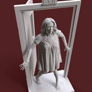 May include: A gray sculpture of a woman in a short-sleeved dress, emerging from a doorway with the word "EXIT" above. The base of the sculpture reads "HALLOWEEN". The woman has a distressed expression.