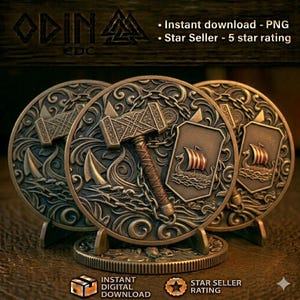 May include: Three circular bronze-toned medallions featuring embossed designs of a hammer, a shield with a Viking ship, and intricate chain patterns. The text ODIN EDC, Instant download - PNG, and Star Seller - 5 star rating is visible.