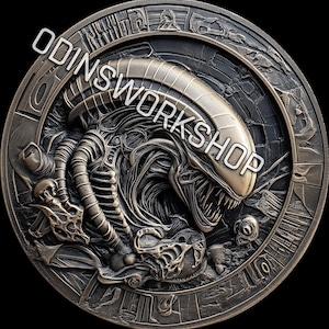 u- Fichiers de gaufrage 3D 3D STL + PNG pour pièce de monnaie ALIEN merc life, motifs de gravure laser à fibre optique, fichier de carte de profondeur de gravure de pièce de monnaie découpé au laser. profondeur