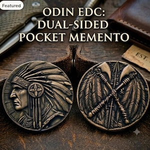 May include: Two circular bronze-toned metal coins featuring relief designs. One side displays a profile of a person wearing a feathered headdress. The other side shows two crossed axes and a spear surrounded by feathers. Text reads ODIN EDC: DUAL-SIDED POCKET MEMENTO.
