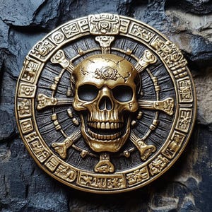Op de afbeelding: Een gouden schedel op een zwarte achtergrond. De schedel heeft een gedetailleerd ontwerp met een gebarsten oppervlak en een brede, tanden glimlach. De achtergrond heeft een cirkelvormig ontwerp met ingewikkelde details en symbolen.