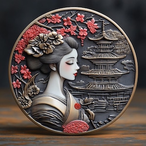 Arquivos de relevo 3D para moedas U-JAPANESE EDO GEISHA, designs de gravação a laser de fibra, design de arquivo de corte a laser para mapa de profundidade de gravação de moedas. Mapa de profundidade edc