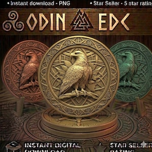 May include: Three circular digital medallions featuring a relief of an eagle perched on a branch, set against a background of intricate knotwork. The medallions are rendered in copper, gold, and green tones, with the text ODIN EDC at the top.