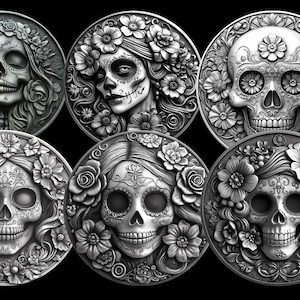 Lot de crânes en sucre, fichiers de gaufrage Dia De Los Muertos 4K PNG 3D, motifs de gravure laser à fibre optique, fichier découpé au laser pour carte de profondeur de gravure de pièces de monnaie.