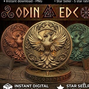 May include: Three circular plaques featuring a relief of a phoenix with spread wings, displayed on stands. The central plaque is gold, the left is copper, and the right is green. Each plaque has intricate scrollwork and sits on a base with runes.