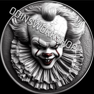 Archivos de relieve 3D Pennywise 4K STL + PNG de The Merc Life, diseños de grabado láser de fibra, archivo de corte láser de mapa de profundidad de grabado de monedas. Mapa de profundidad
