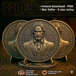 May include: A circular metallic coin featuring a relief portrait of a man with long hair and a beard, wearing a suit and tie. The background of the coin displays an intricate tree-like pattern. The text ODIN EDC is visible at the top of the image.