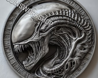 Alien Xenomorph Coin 3D Embossing Design: Fiber Laser Engraving Files (STL+PNG)