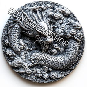 Pièce de monnaie dragon shinto en U. Fichiers de gaufrage 3D japonais RYUJIN, conceptions de gravure laser à fibre optique, conception de fichier découpé au laser pour carte de profondeur de gravure. DEc