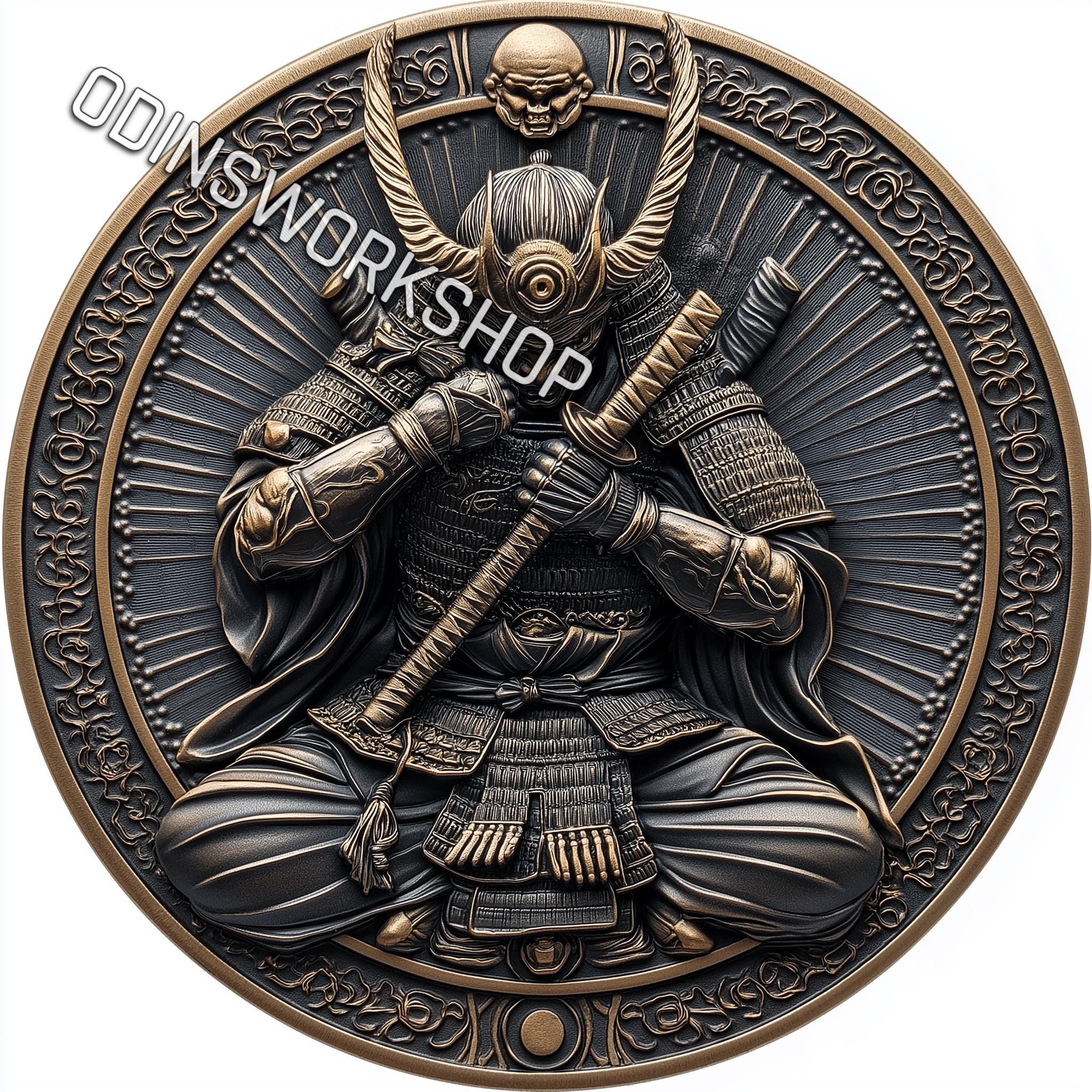 Samurai Seppuku Coin Design: 3D Embossing, Fiber Laser Engraving (PNG)