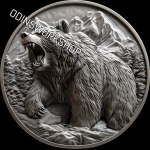 U - Fichiers de gaufrage 3D Grizzly de Yellowstone, conceptions de gravure laser à fibre optique, conception de fichier découpé au laser pour carte de profondeur de gravure de pièces de monnaie. Profondeur de l'EDC