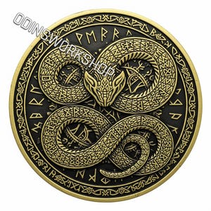 Pièce de monnaie Viking JORRMUNGANDR, fichiers de gaufrage 3D Png 4k, motifs de gravure laser à fibre optique, conception de fichier découpé au laser pour carte de profondeur de gravure de pièce de monnaie. EDC