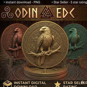 May include: Three circular medallions featuring a relief of an eagle perched on a branch. The central medallion is gold, the left is copper, and the right is green. Each medallion has a complex Celtic knotwork background and sits on a stand.
