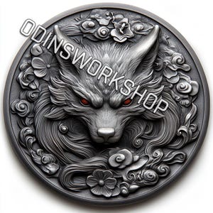 May include: A detailed, circular, silver-colored medallion featuring a wolf's head with red eyes, surrounded by floral and cloud-like designs. The text "ODINSWORKSHOP" is displayed across the top. The design has a 3D effect.