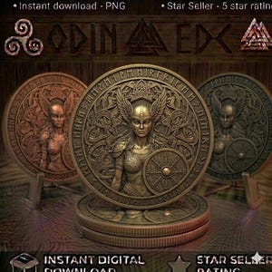 May include: Three circular metallic coins featuring a relief of a winged warrior holding a round shield. The central coin is gold-toned, while the flanking coins are copper and dark bronze. Each coin is bordered by runic inscriptions.