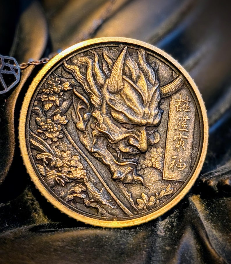 Odin EDC Onihannya Coin • 40mm Smooth Edge Brass Japanese Oni Hannya Mask Challenge Coin • Everyday Carry Samurai Pocket Piece image 3