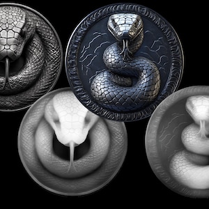 U-adder, cobra.  3D-PNG-reliëfbestanden, ontwerpen voor fiberlasergravures, ontwerp voor dieptekaart muntgravure met lasergesneden bestand. EDC-dieptekaart