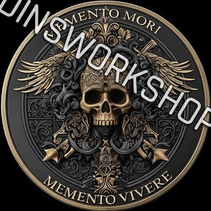 May include: A circular emblem featuring a skull, intricate gold and black detailing, wings, and arrows. The design includes the phrases "MEMENTO MORI" and "MEMENTO VIVERE". The word "WORKSHOP" is also visible, all set against a black background.