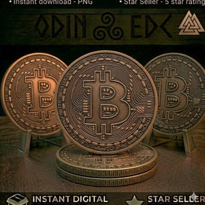 May include: Three bronze-colored Bitcoin coins featuring a central Bitcoin symbol and intricate circuit board patterns. The coins are displayed on small stands with two coins stacked horizontally in the foreground and one coin standing upright behind.