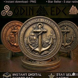 May include: Three circular bronze-toned coins featuring a central anchor wrapped in rope, with the text CARPE DIEM arched above. The background depicts a sailing ship, a lighthouse, and a coastal structure. The coins have a textured, rope-like border.
