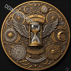 Pièce de monnaie TEMPUS FUGIT 4k png, fichiers de gaufrage 3D, motifs de gravure laser à fibre optique, conception de fichier découpé au laser pour carte de profondeur de gravure de pièces de monnaie. Carte de profondeur EDC