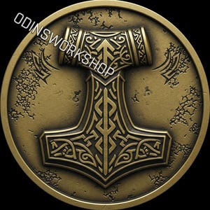 Pièce de monnaie Viking MJOLNIR, fichiers de gaufrage 3D Png 4k, conceptions de gravure laser à fibre optique, conception de fichier découpé au laser de carte de profondeur de gravure de pièce de monnaie. EDC