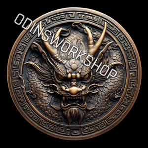 Pièce de monnaie dragon shinto en U. Fichiers de gaufrage 3D japonais RYUJIN, conceptions de gravure laser à fibre optique, conception de fichier découpé au laser pour carte de profondeur de gravure. DEc