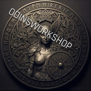 Valkyrie de pièce de monnaie viking, fichiers de gaufrage 3D Png 4k, motifs de gravure laser à fibre optique, conception de fichier découpé au laser de carte de profondeur de gravure de pièce de monnaie. EDC