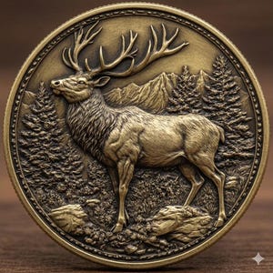 May include: A circular bronze-toned medallion featuring a detailed relief of a standing elk with large antlers. The background depicts a mountainous landscape with evergreen trees and rocky terrain, all rendered in a metallic finish.