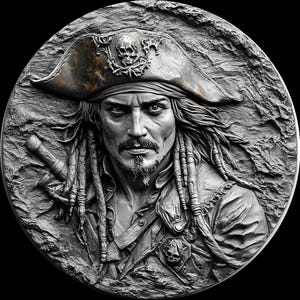 Pièce de monnaie pirate en U - Jack & the Pearl. Fichiers de gaufrage 3D PNG + STL, conceptions de gravure laser à fibre optique, conception de fichier découpé au laser pour carte de profondeur de gravure de pièces de monnaie.