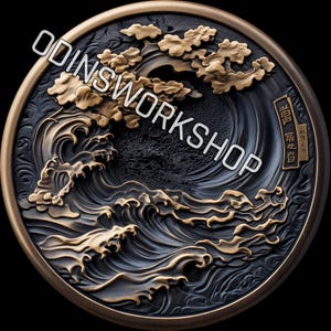U- Vagues japonaises, pièce shinto. Fichiers de gaufrage 3D, conceptions de gravure laser à fibre optique, conception de fichier découpé au laser pour carte de profondeur de gravure de pièces de monnaie. EDC